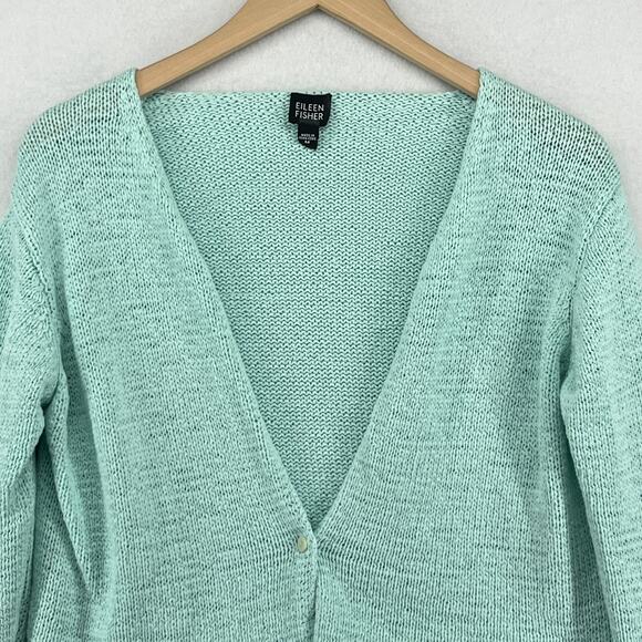 EILEEN FISHER Sweater M Cotton Tape Yarn Cardigan On Button Green HK VTG - Picture 3 of 16